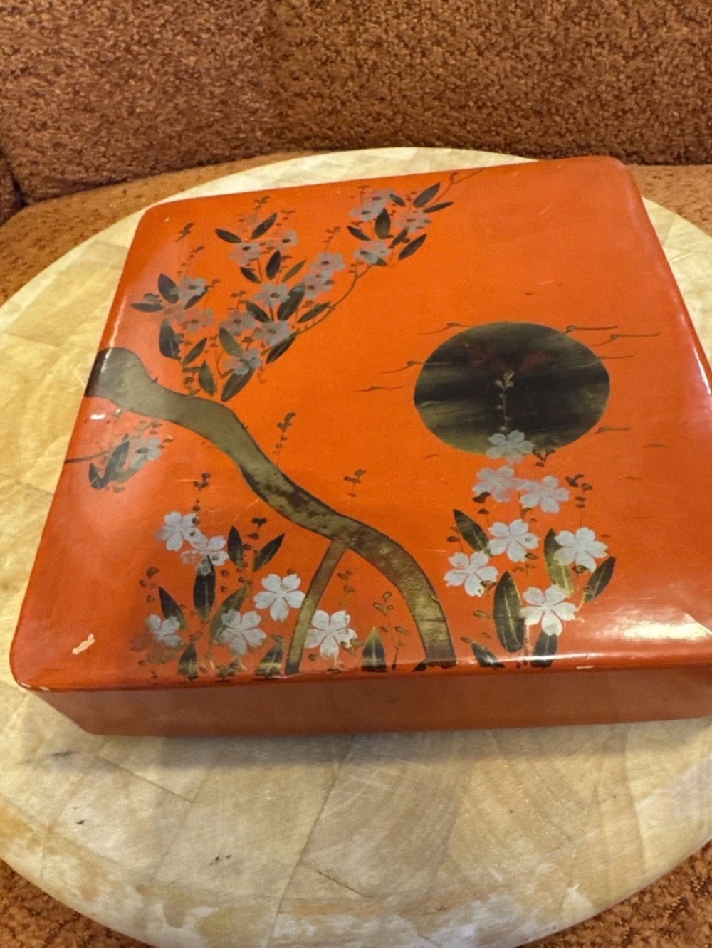 Unique Vintage Japanese orange Lacquer Bento Box Enamel Hand Painted Box MCM